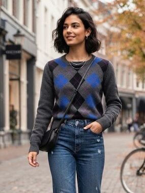 Jones New York Luxe Pure 2-Ply Cashmere Argyle Sweater Academia Preppy Luxury